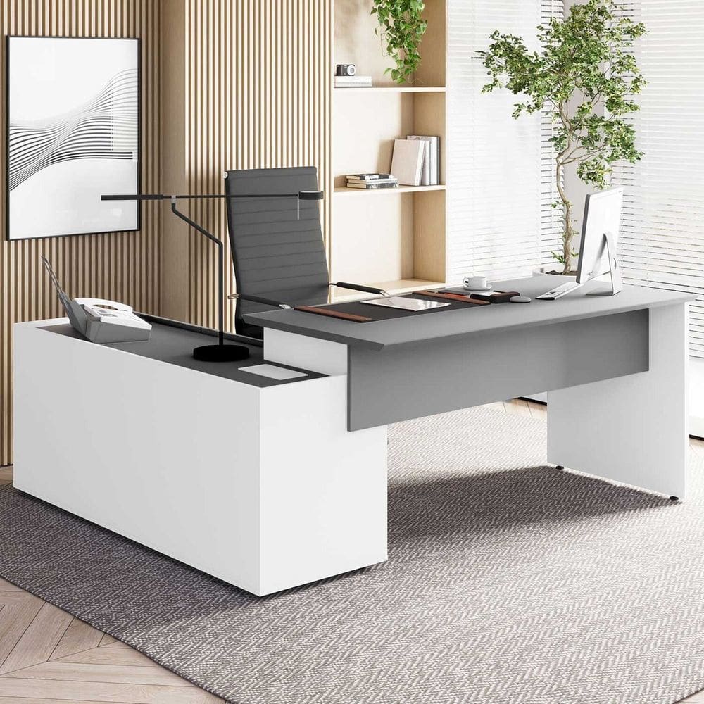 Mesa Diretor 2,00m X 1,70m com Armário Caixa de Tomadas e Tampo Cavado para Escritório Corporate Cinza Sagrado com Branco