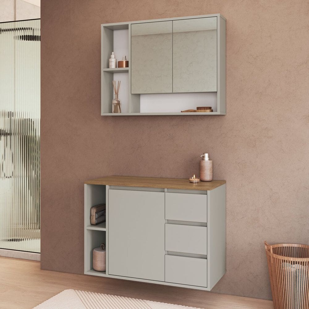 Conjunto para Banheiro Gabinete Suspenso 80cm com Espelheira Belagavi Arenas