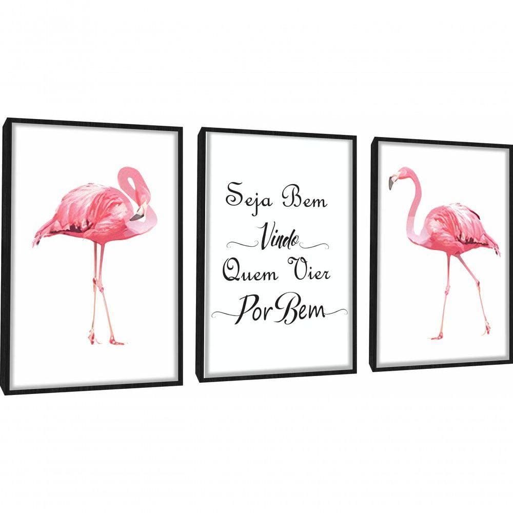 Quadro Decorativo Flamingos Com Frase E Moldura Preto