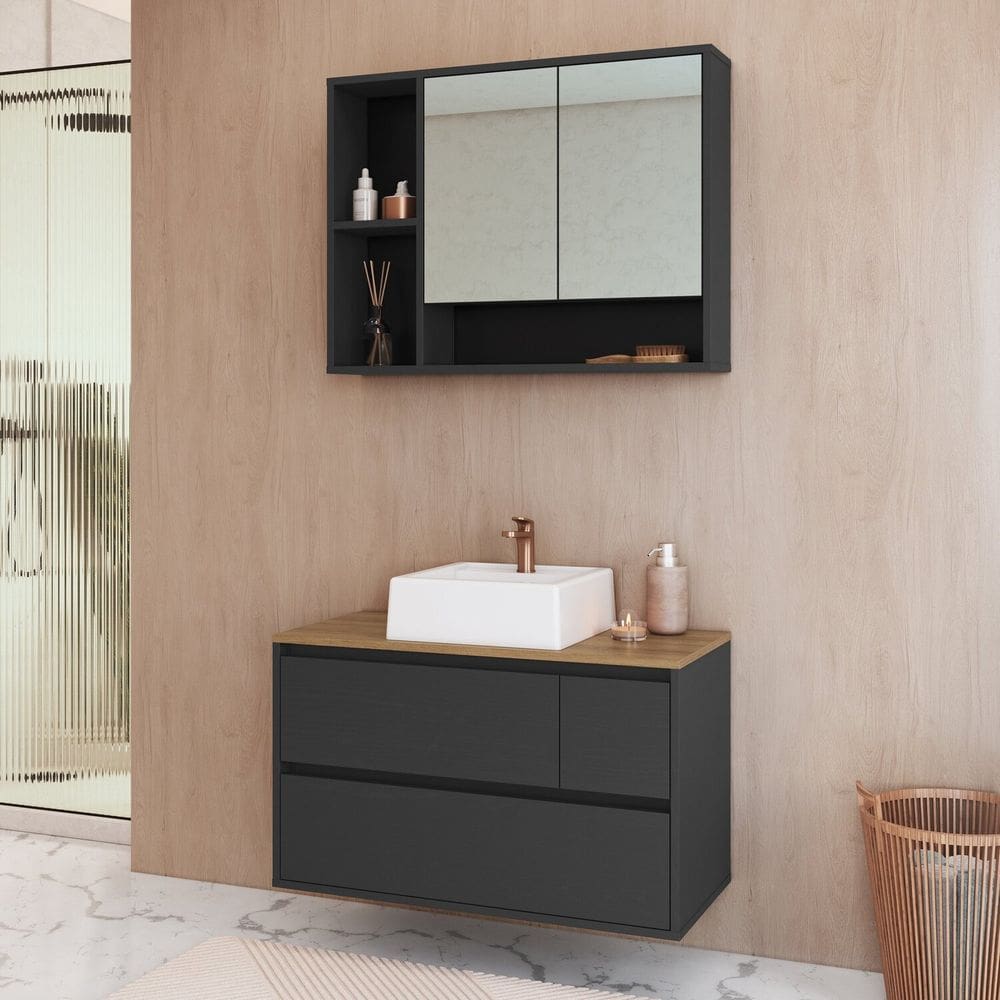 Conjunto para Banheiro Gabinete Suspenso 80cm com Cuba e Espelheira Belarus Grafite