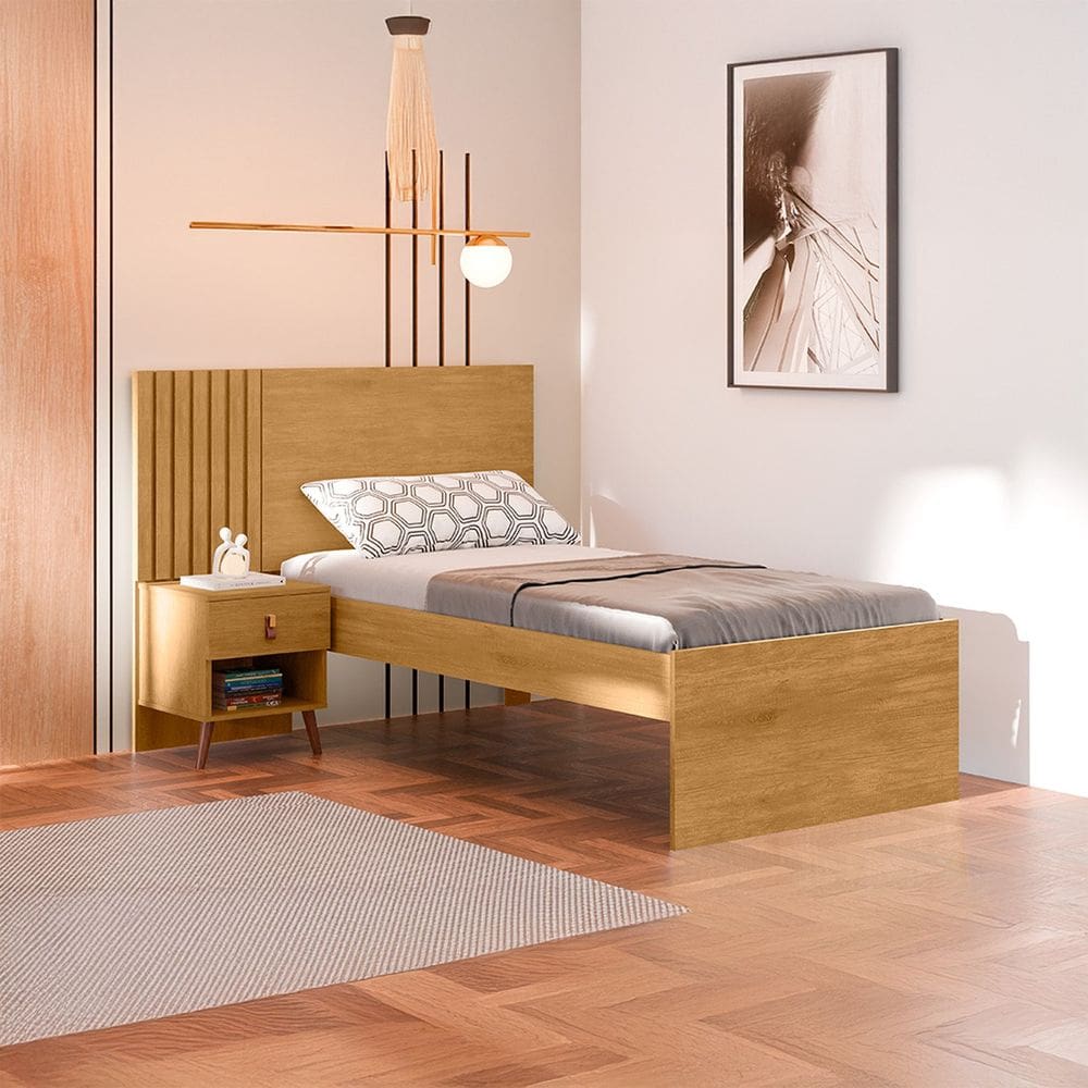 Cama de Solteiro Ripada em Mdf e Mdp Lady Marrom/Off White