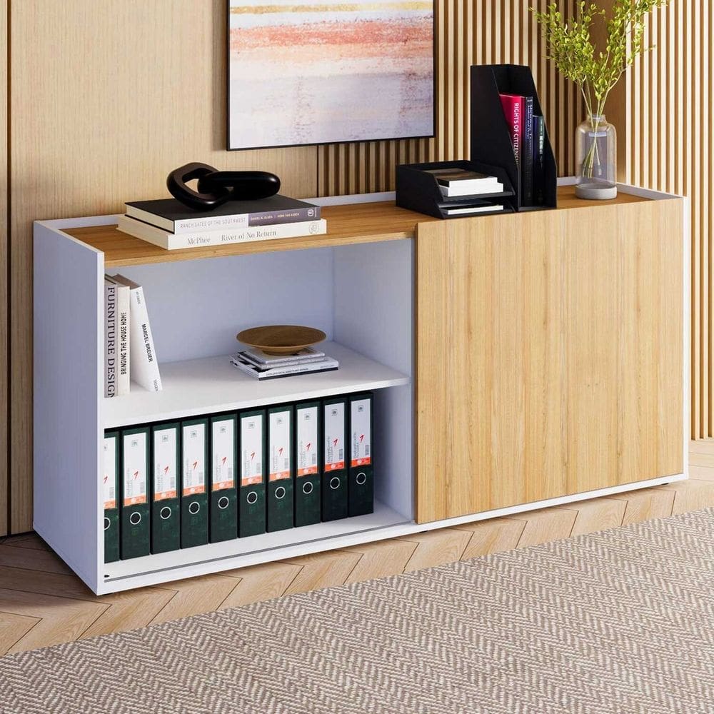 Armário Baixo 158,5cm Porta de Correr e 2 Nichos em Mdp com Puxadores Metálicos Corporate Macadâmia / Branco