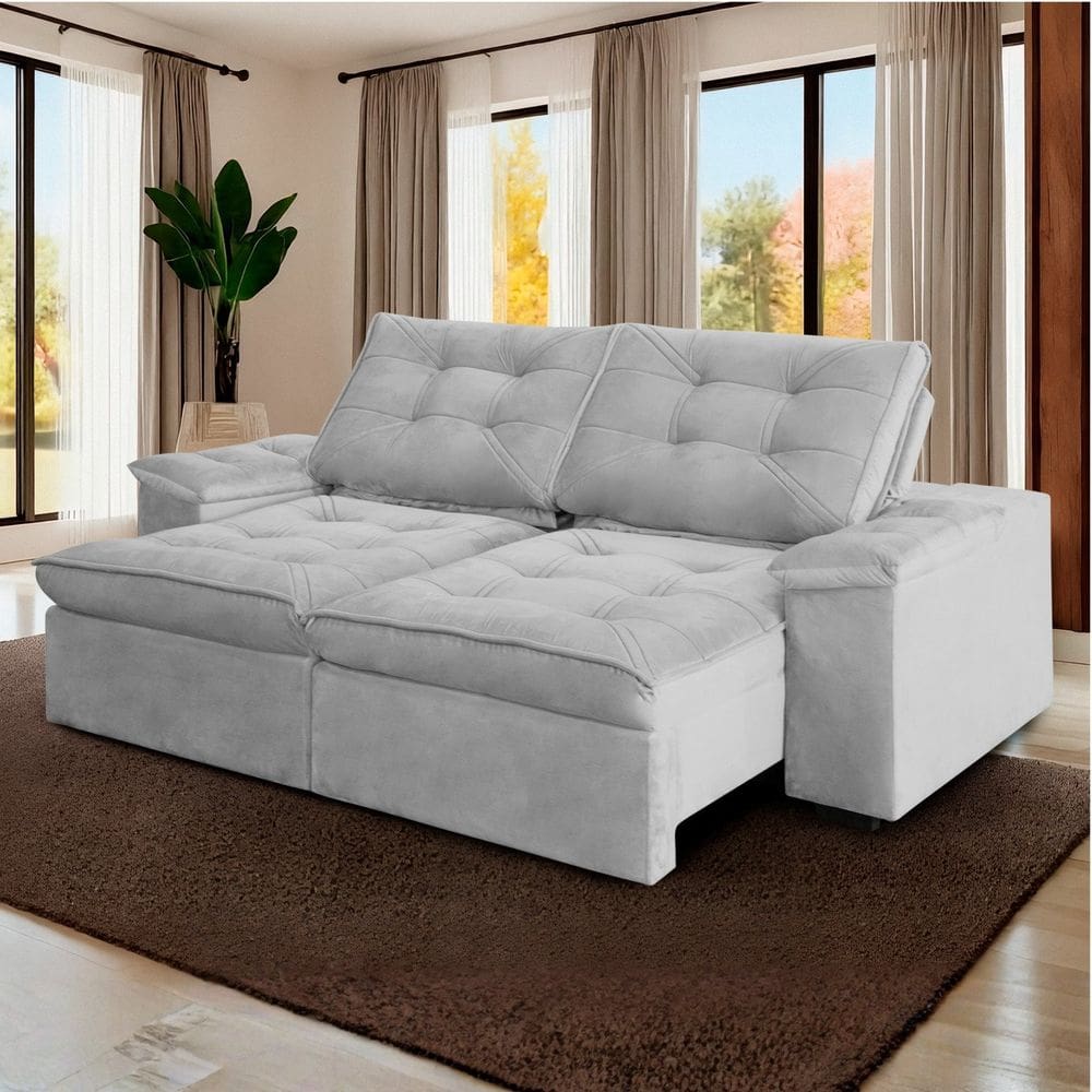 Sofá Retrátil e Reclinável Molas Ensacadas 190cm Veludo Zurique Prata