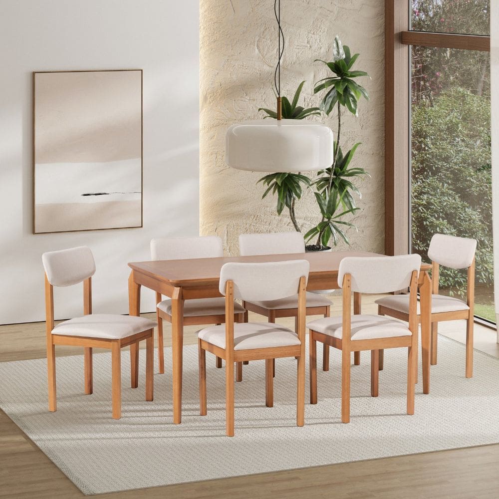 Conjunto Sala de Jantar com 1 Mesa Tampo Laminado 160cm e 6 Cadeiras Estofadas Florença Verniz Mel/Cru