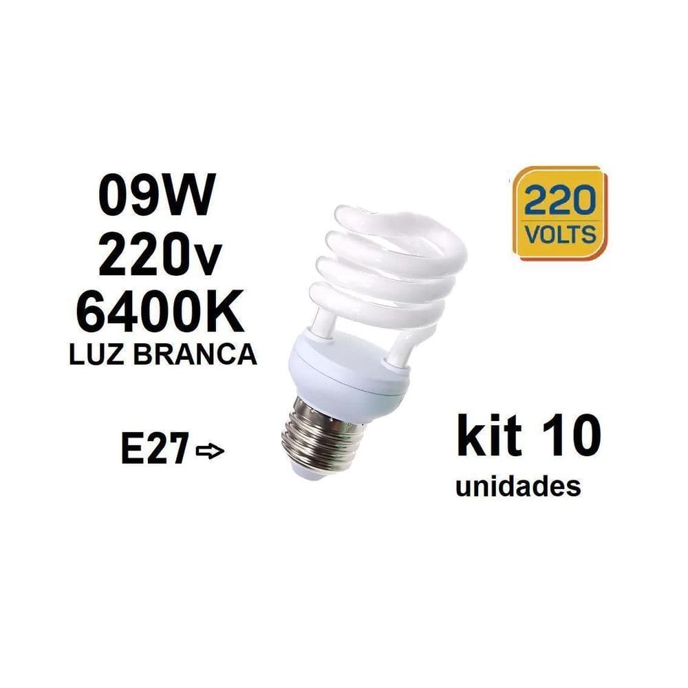 Kit 10 Lâmpada Fluorescente Espiral 9W 220V 6400K E27 Branca