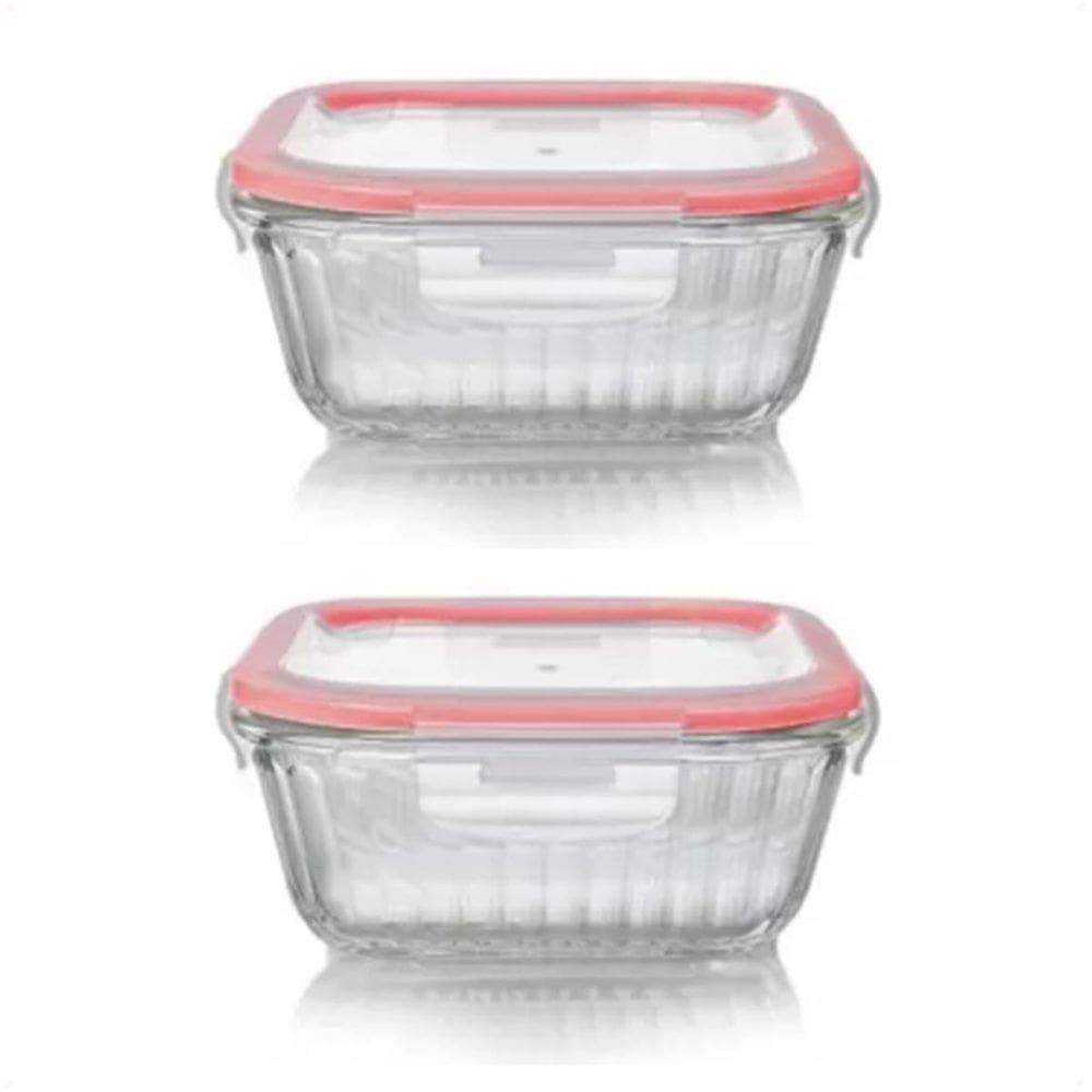 2 Potes Herméticos Canelados Vidro Quadrado 320Ml Com Tampa