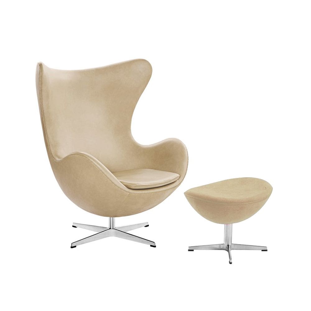 Poltrona Egg com Puff Base Alumínio em Sued Bege