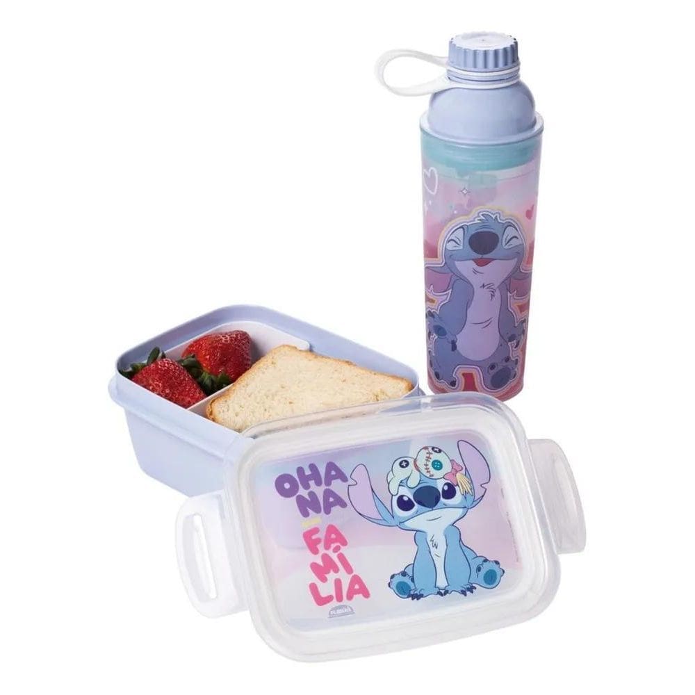 2X Kit Presente Garrafa E Marmita Hermética Stitch Plasútil