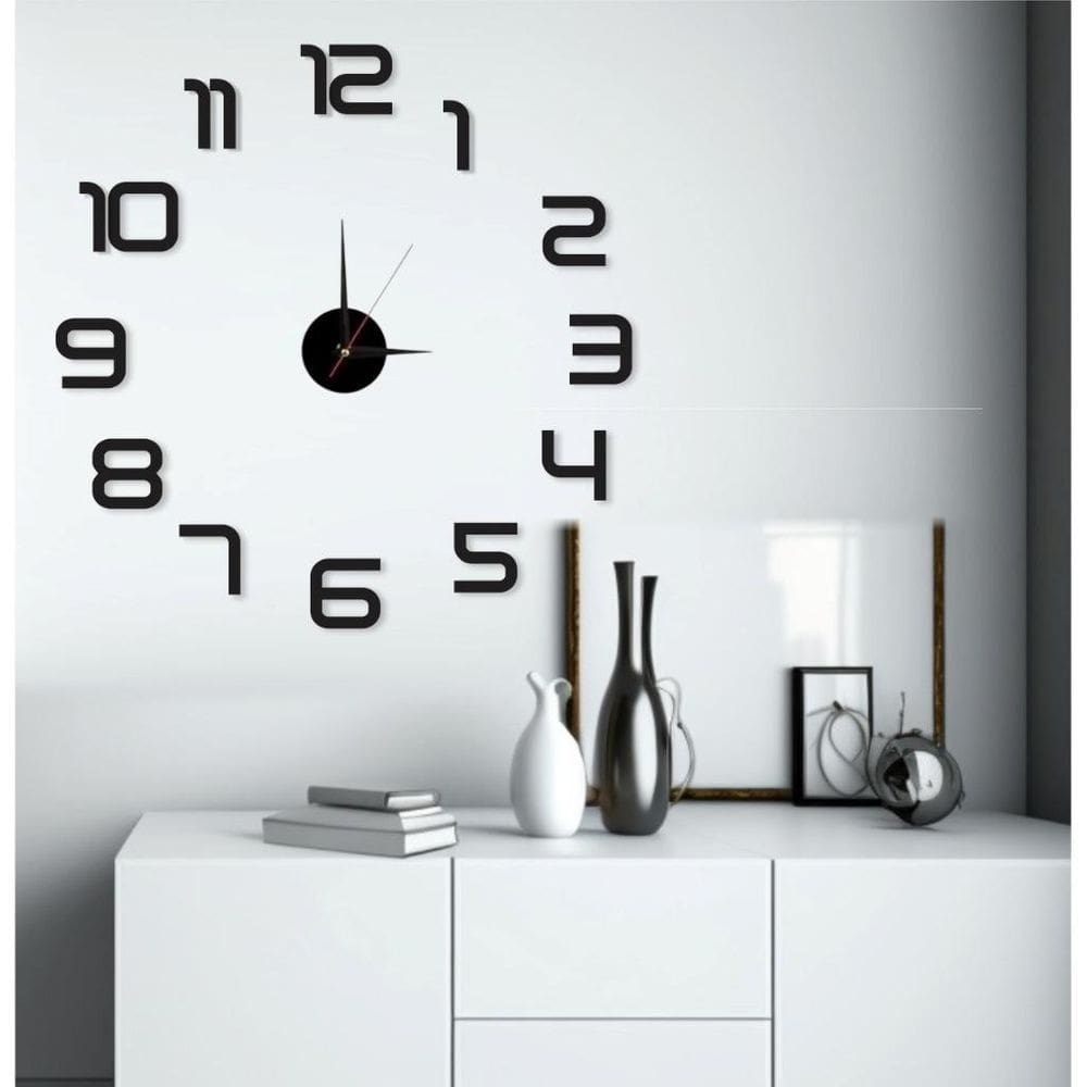 Super Relógio Parede 50Cm Preto 3D Adesivo Decorativo Luxo