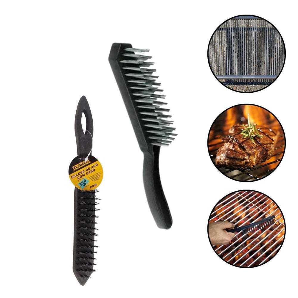 Escova Aço Limpar Limpeza Grelha Churrasqueira Madeira 4