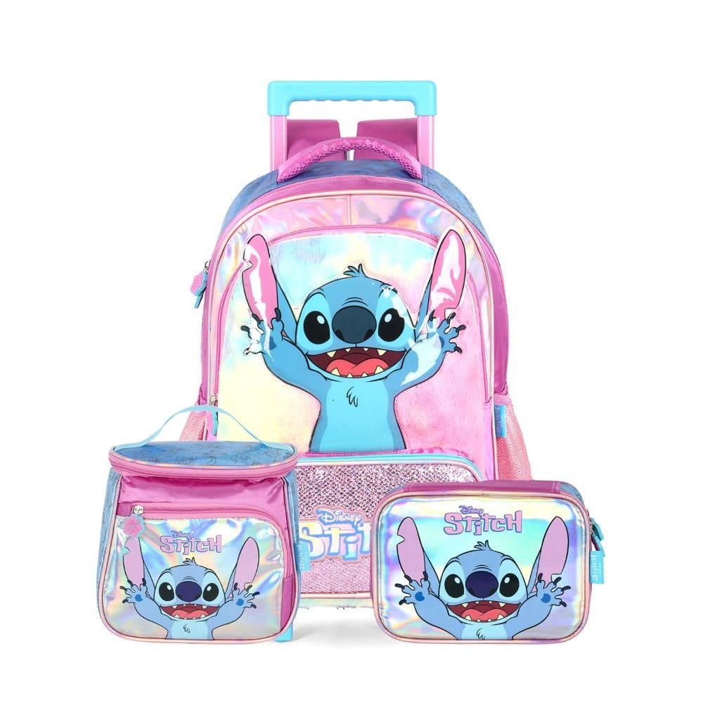 Mochila Rodas Stitch Disney Lancheira Estojo Box Holográfico