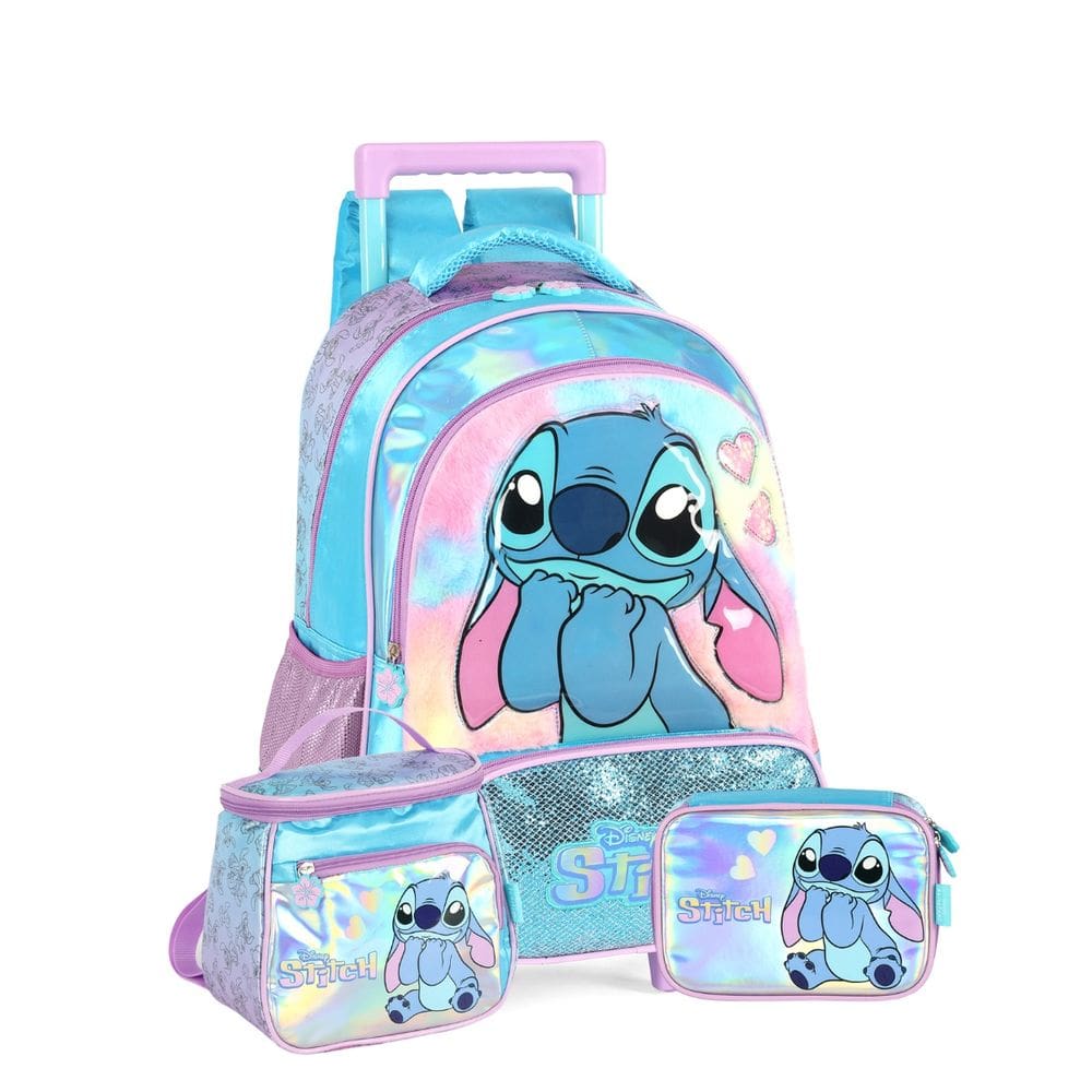 Mochila Rodas Stitch Disney Lancheira Estojo Box Holográfico