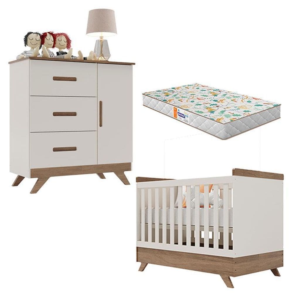 Berço Americano Vitória e Cômoda Retro Maya Off White Carvalho com Colchão Gazin – Carolina