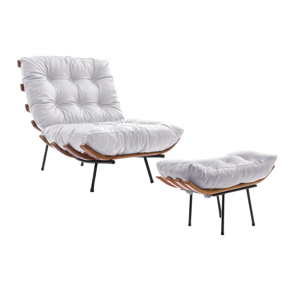 Poltrona Costela com Puff em Couro Sintético Branco