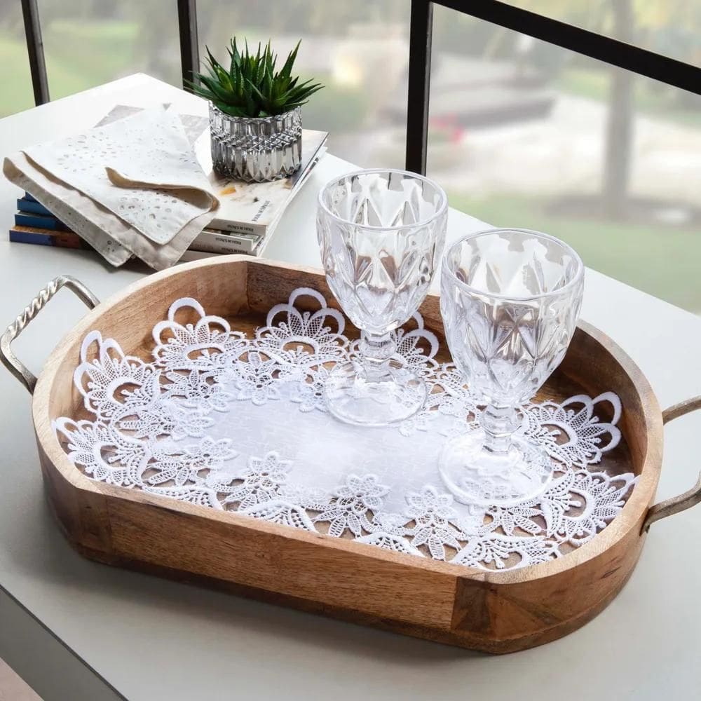 2X Toalha De Bandeja Bordado Renda Guipir Com Organza Kit 2P