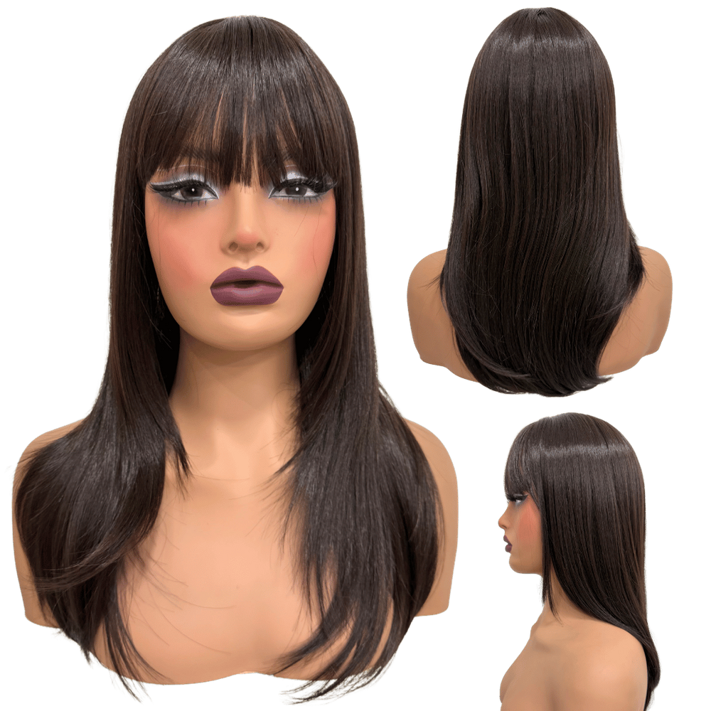 Peruca lisa repicada com franja 45cm castanho claro 4