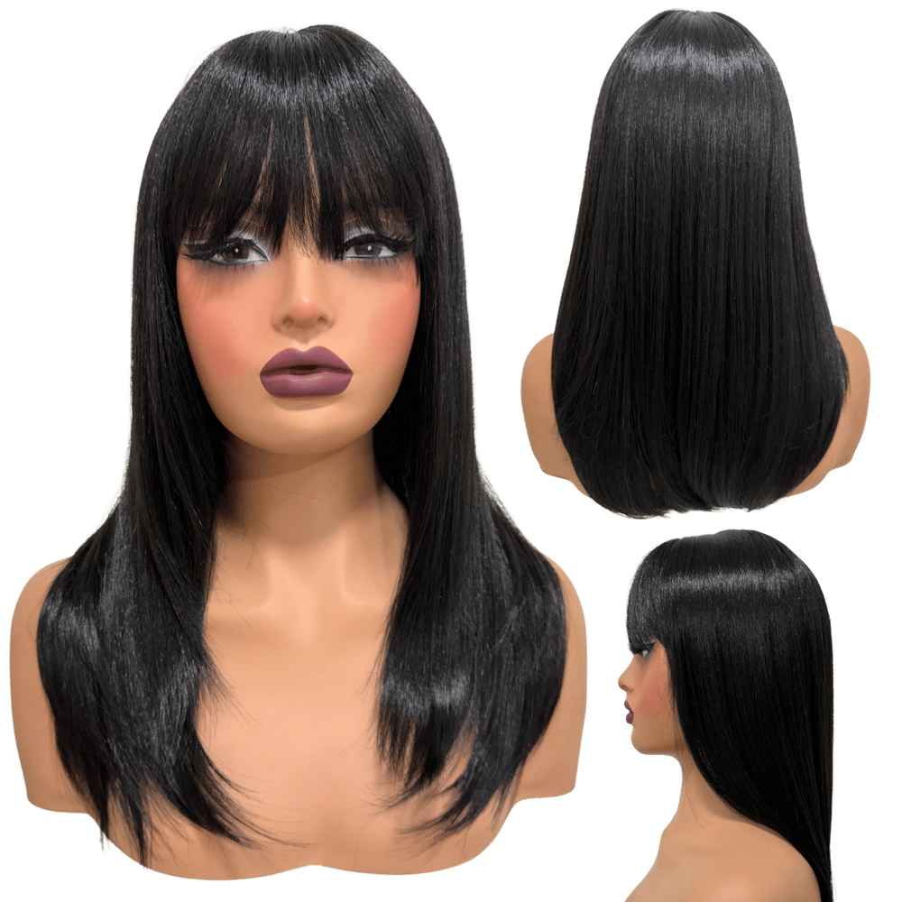 Peruca lisa repicada com franja 45cm preto escuro 1b