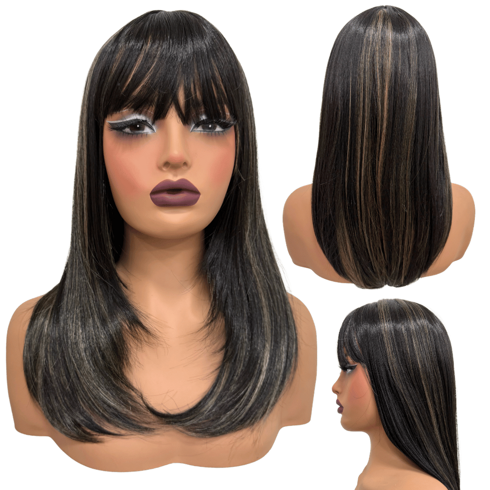 Peruca lisa repicada com franja 45cm preto mechas H2/15S