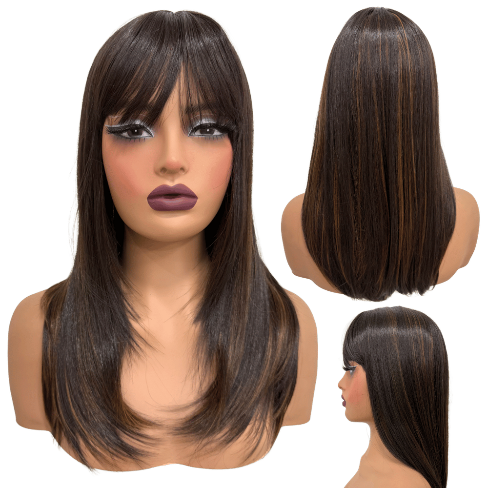 Peruca lisa repicada com franja 45cm orgânica premium
