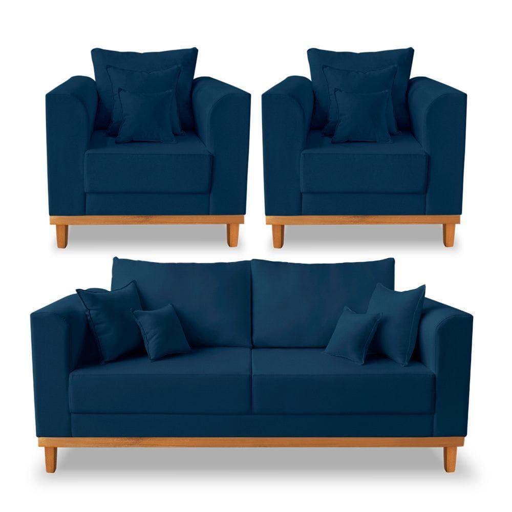 Kit Sofá 3 Lugares E 2 Poltronas Beny Viena Linho Azul