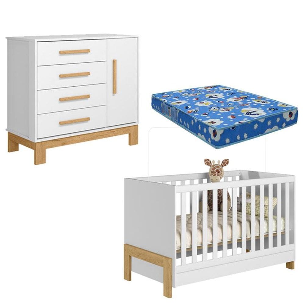 Berço Americano 4300 Fantasia e Cômoda 4355 Q Encanto Slm Branco Acetinado com Colchão Ortobom - Qmovi