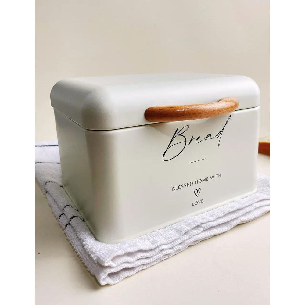 Caixa De Pão De Metal Off White Com Alça Em Madeira Crisp P