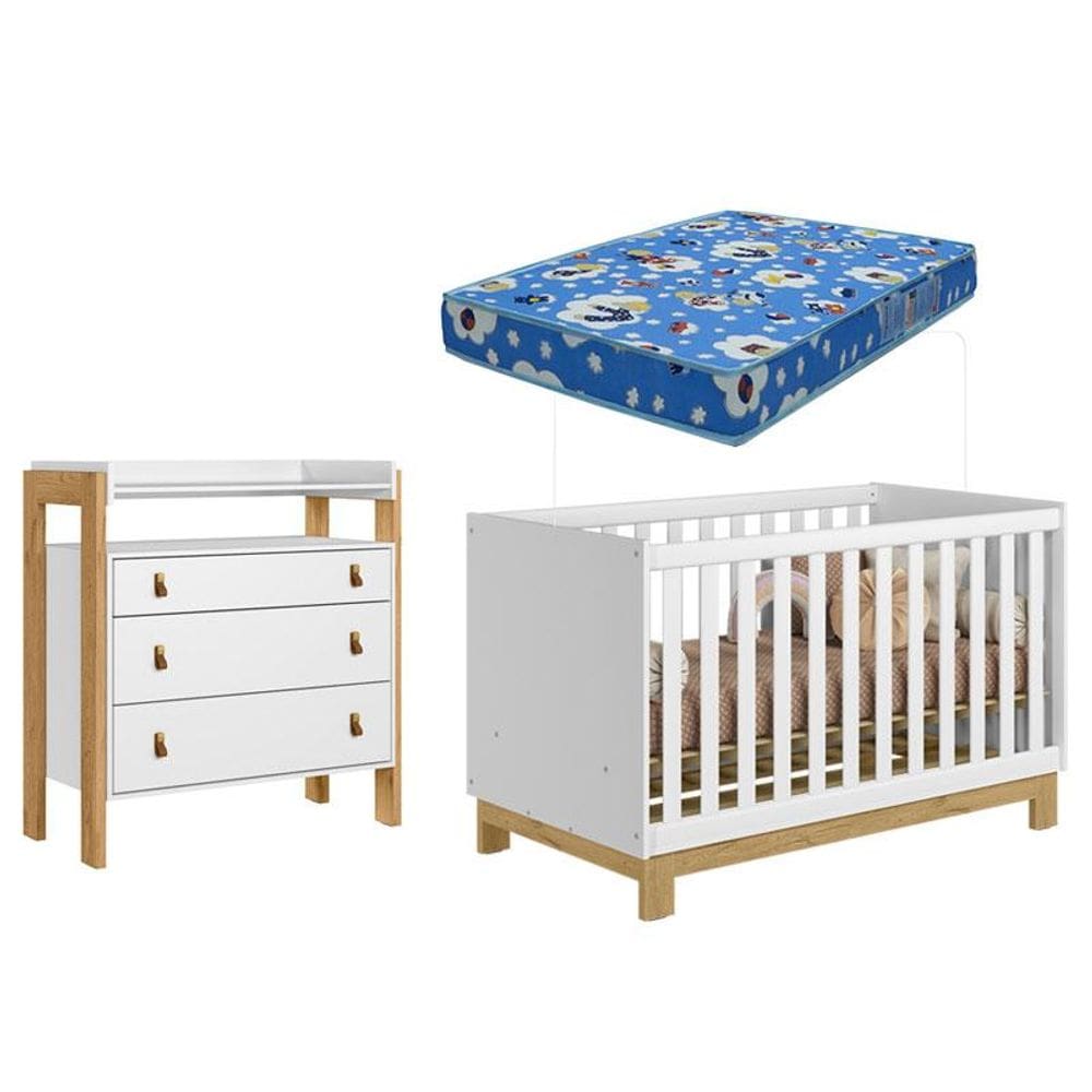 Berço Americano 4315 Q Encanto Slim  e Cômoda 4410 Fantasia Branco Acetinado com Colchão Tend Tudo - Qmovi