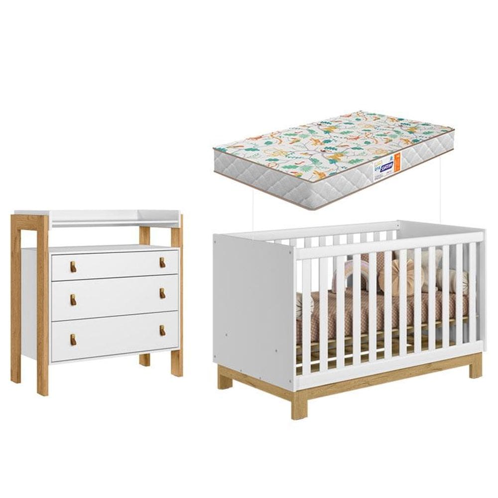 Berço Americano 4315 Q Encanto Slim e Cômoda 4410 Fantasia Branco Acetinado com Colchão Gazin - Qmovi