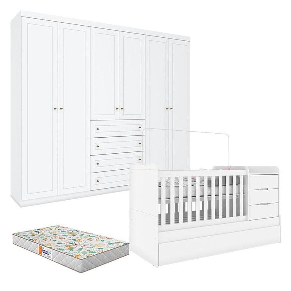 Berço Multifuncional Cleo E Guarda Roupa Infantil 6 Portas Americano Branco Fosco Com Colchão Gazin - Henn