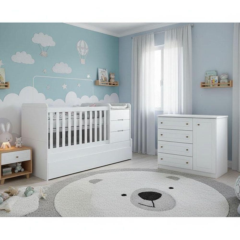 Berço Multifuncional Cleo E Cômoda Infantil Americano Ambiente Branco Fosco Com Colchão Ortobom - Henn