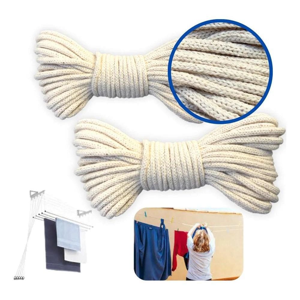 2X Kit 2 Cordas Varal 100% Algodão Resistente Não Alonga 15M