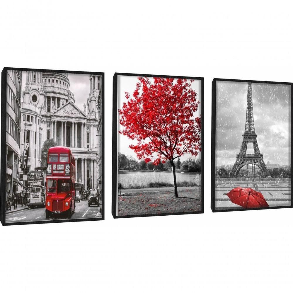 Quadro Londres árvore Da Vida Vermelha Paris Torre Eiffel Com Moldura Preto