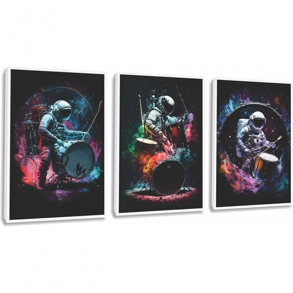 Quadro Decorativo Astronauta Tocando Bateria Rock Com Moldura Branco