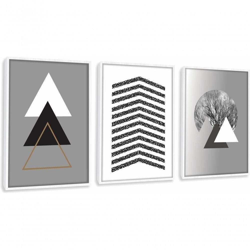 Quadro Decorativo Triângulos árvore Cinza Com Moldura Branco