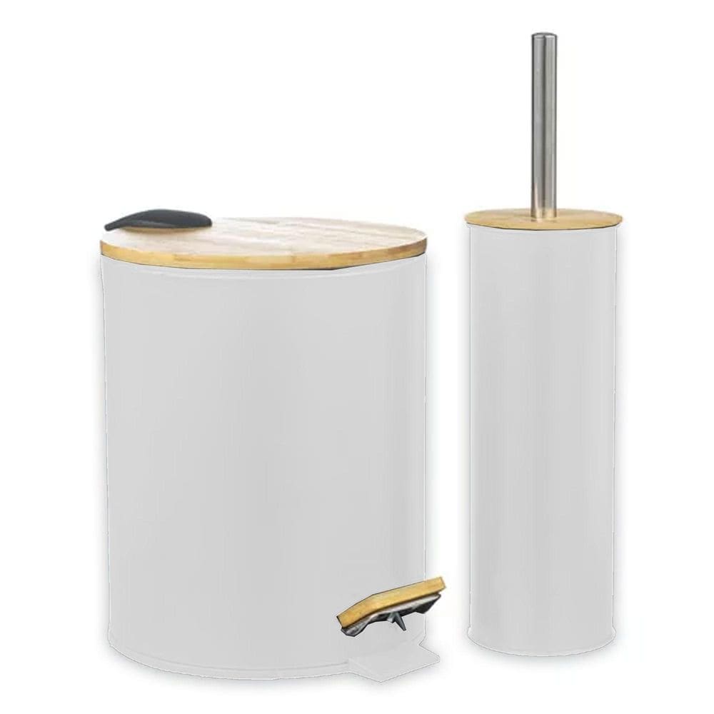Kit Lixeira 5 Litros Bambu Com Pedal + Escova Bambu Branco