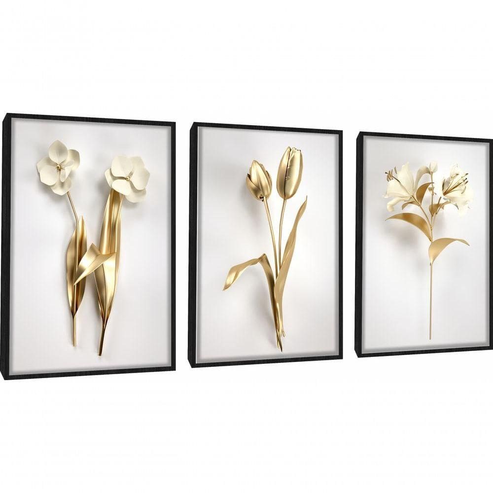 Quadro Decorativo Flor 3d Dourado Com Moldura Preto