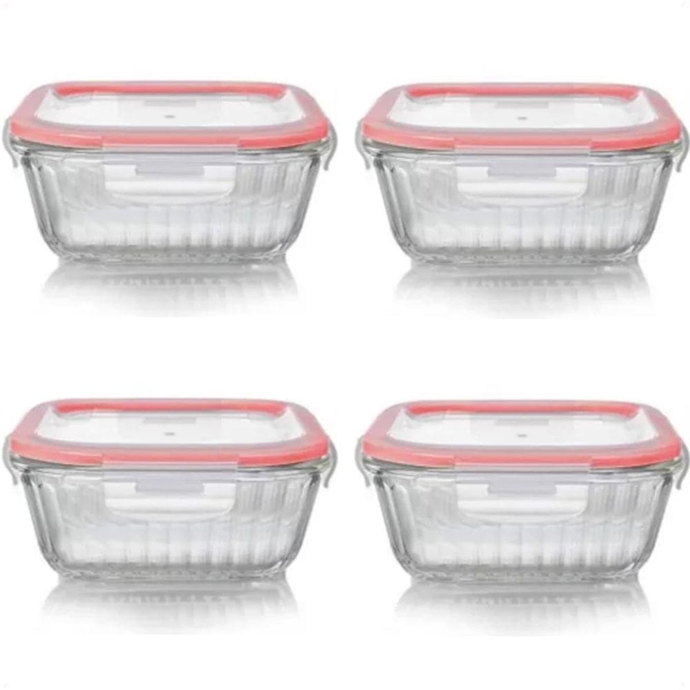 4 Potes Herméticos Canelados Vidro Quadrado 320Ml Com Tampa