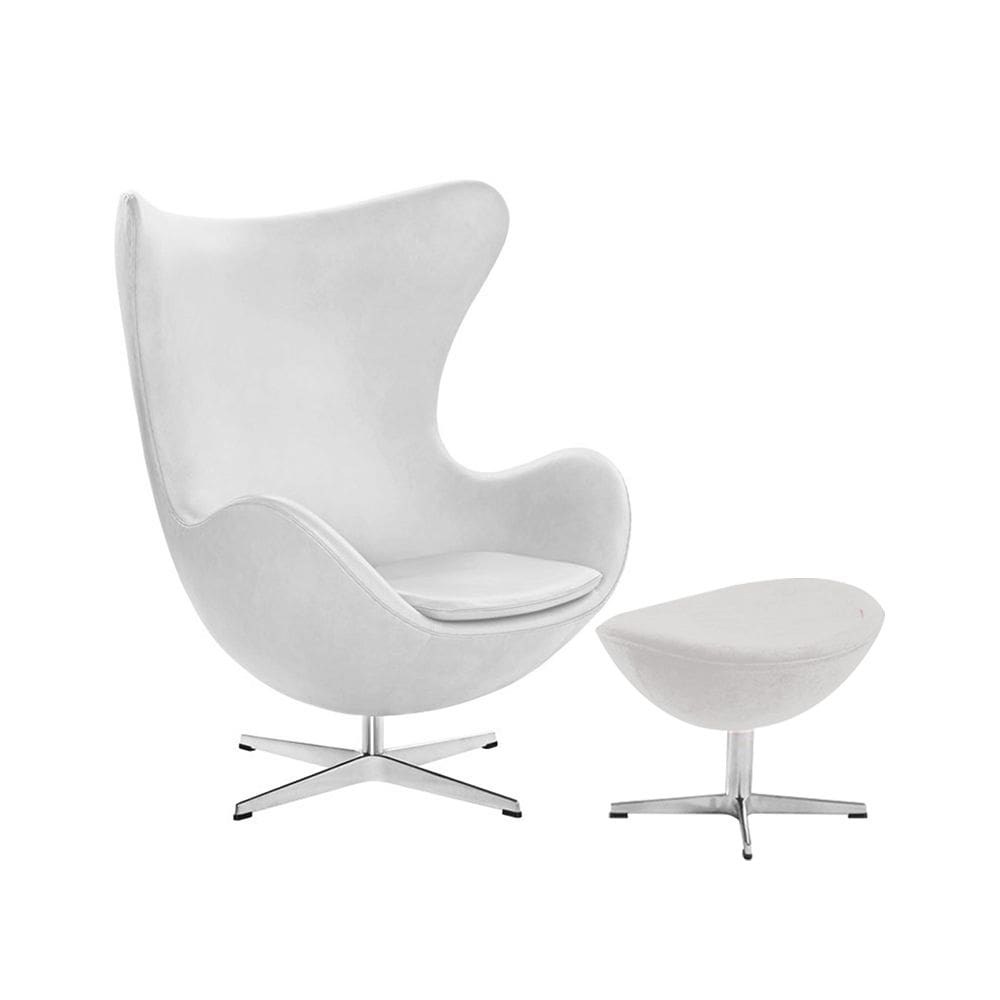 Poltrona Egg com Puff Base Alumínio em Sintético Branco