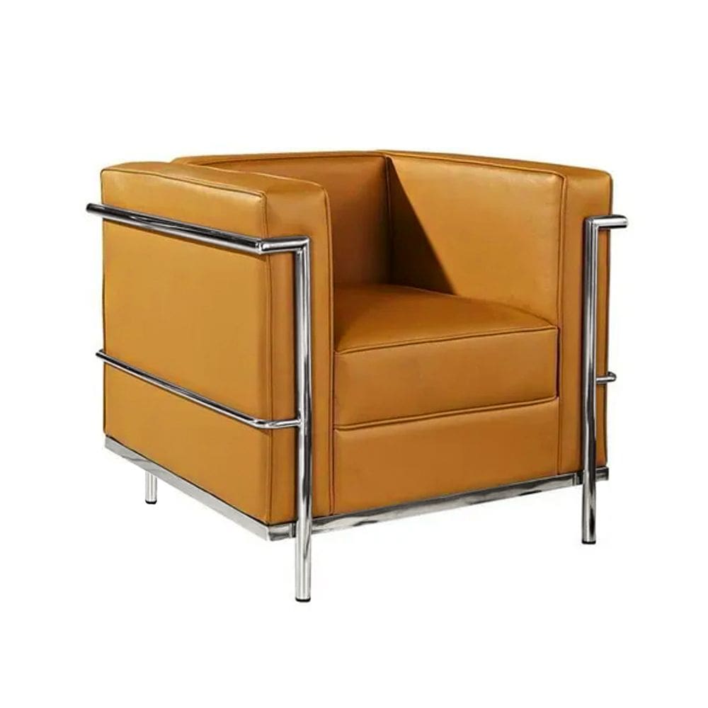 Poltrona Le Corbusier Cromado em Couro Natural Caramelo
