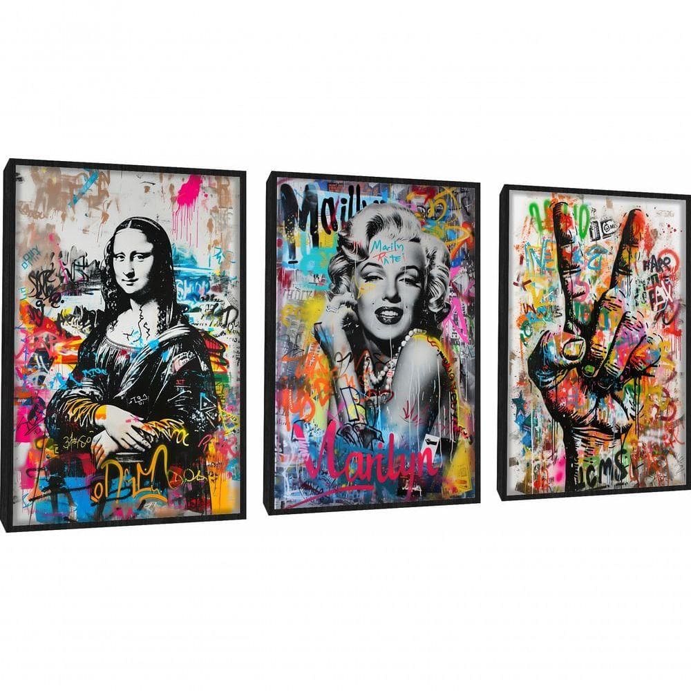 Quadro Decorativo Monalisa, Merilyn, Paz Com Moldura Preto