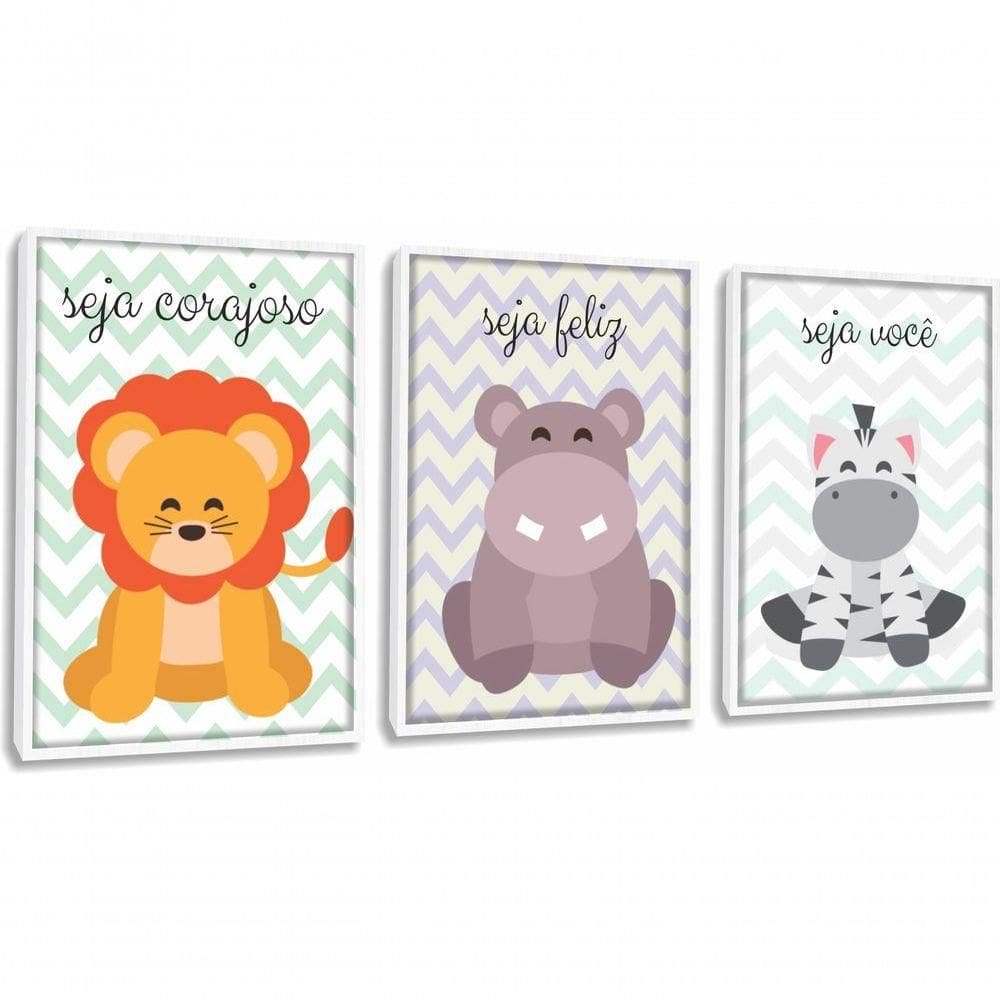 Quadro Decorativo Infantil Animais Com Moldura Branco