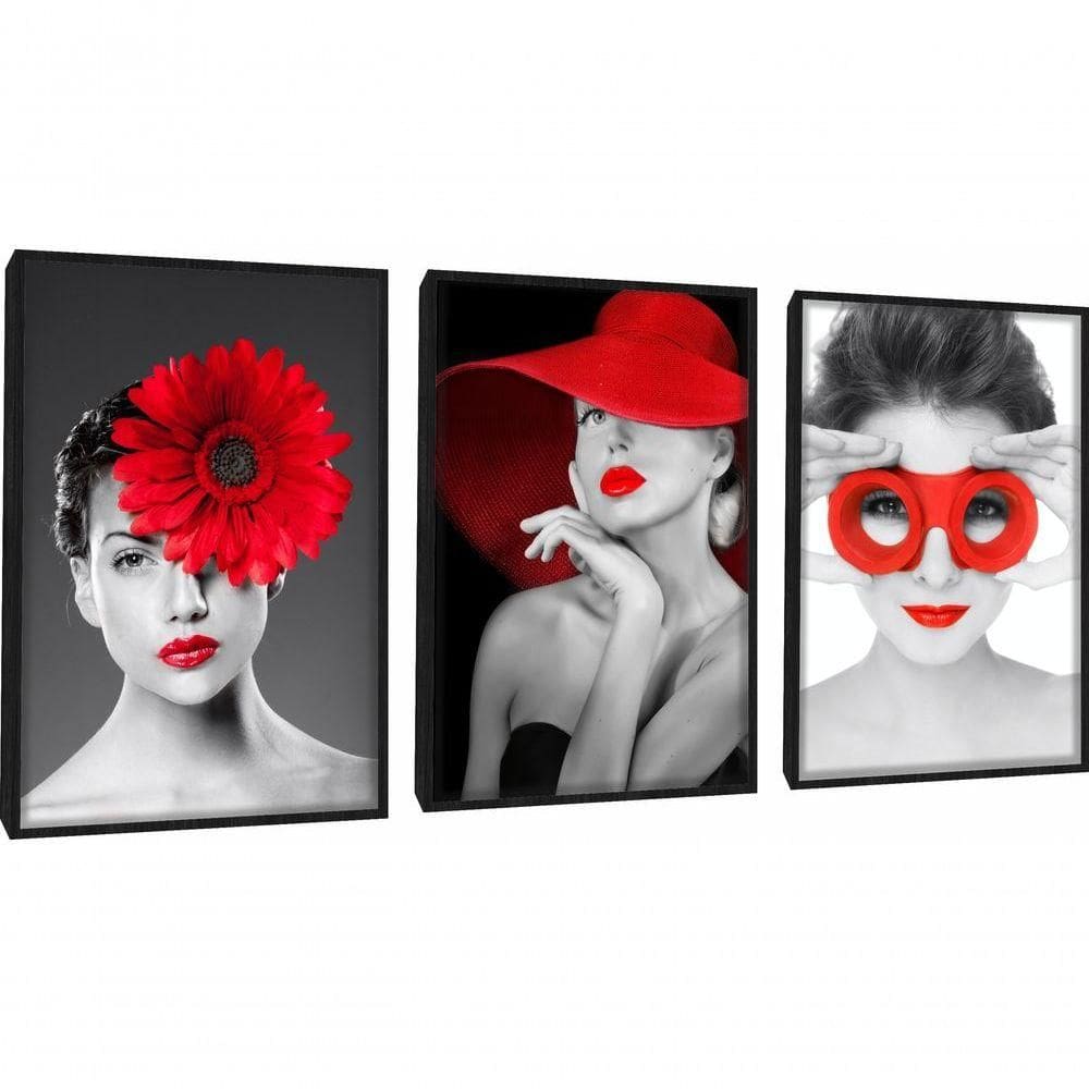 Quadro Decorativo Mulher Tons Cinza E Vermelho Com Moldura Preto