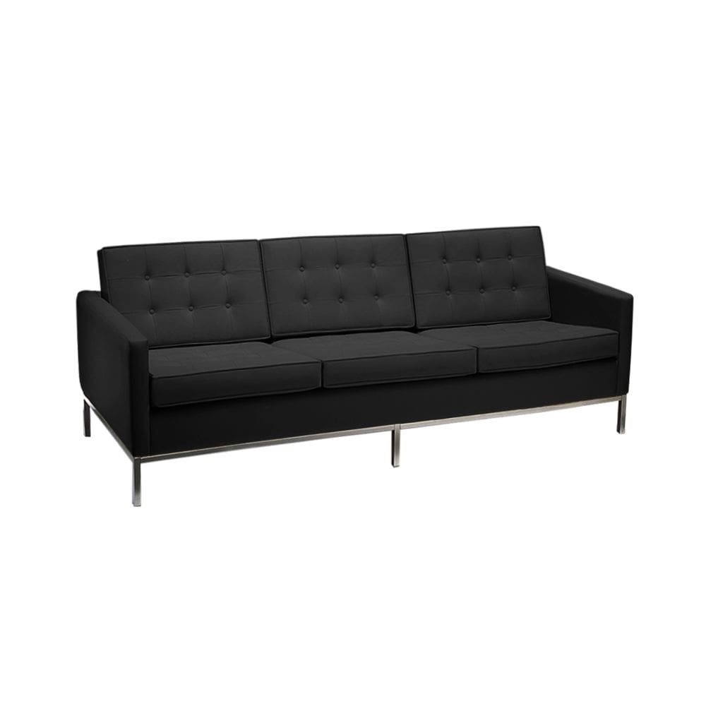 Sofá Florence Knoll 3 Lugares Cromado em Couro Natural Preto