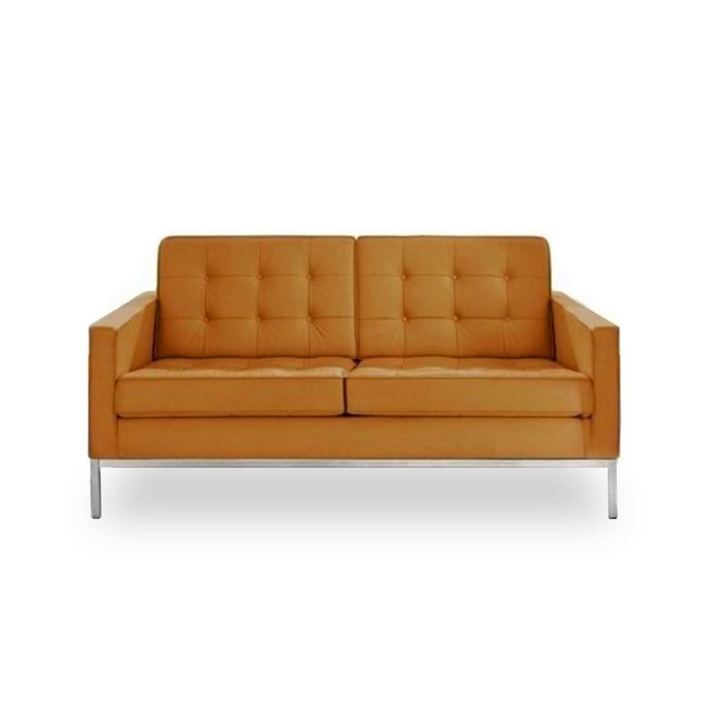 Sofá Florence Knoll 2 Lugares Inox em Couro Natural Caramelo