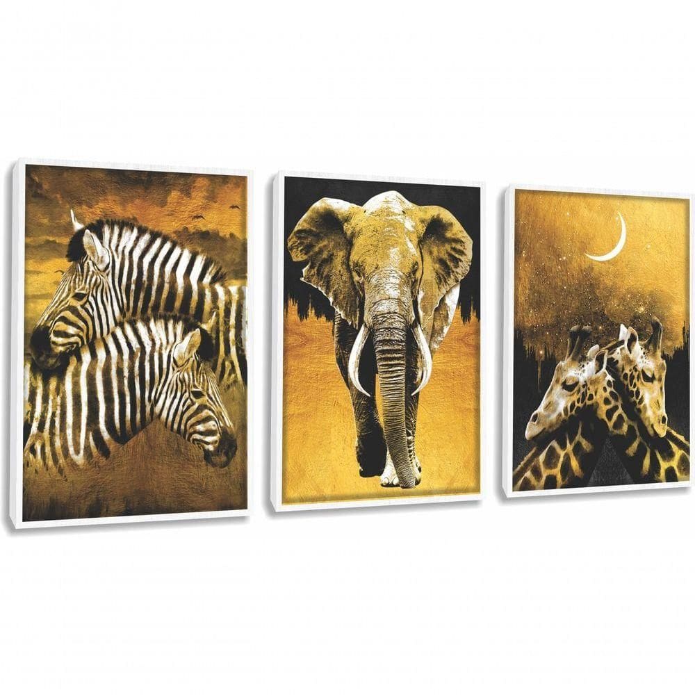 Quadro Decorativo Pintura Zebra, Elefante, Girafa Com Moldura Branco