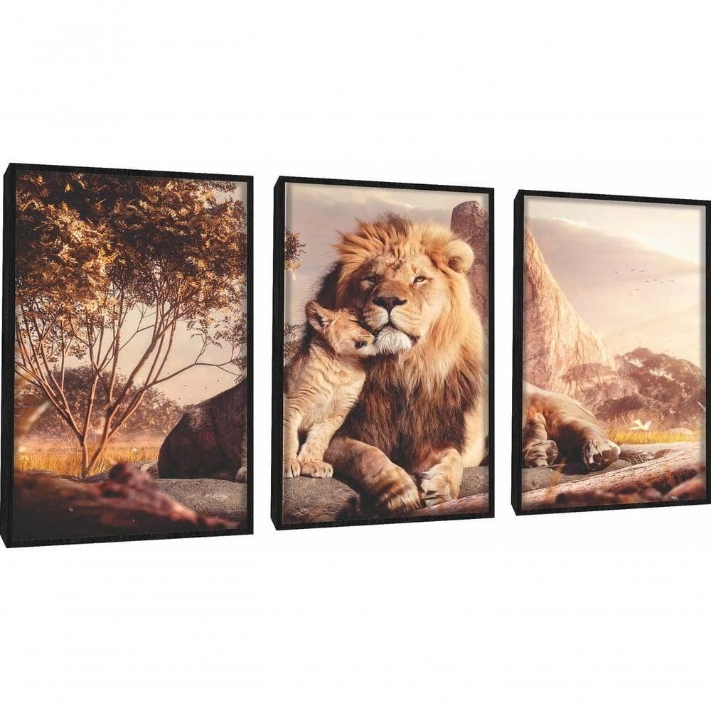 Quadro Decorativo Leão Família Com Moldura Preto