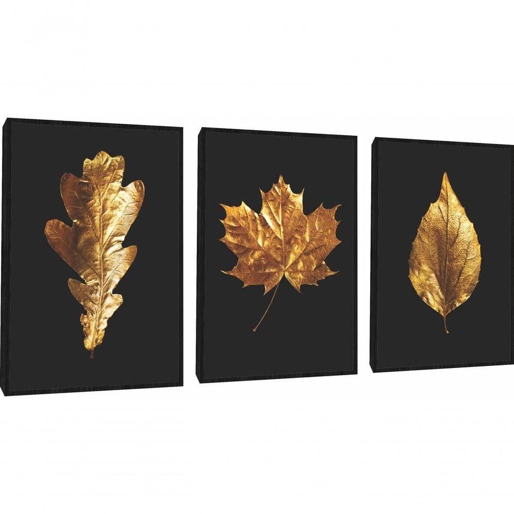 Quadro Decorativo Folhas Douradas Com Moldura Preto