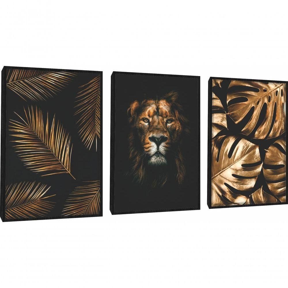Quadro Decorativo Folhagem Leão Dourada Com Moldura Preto