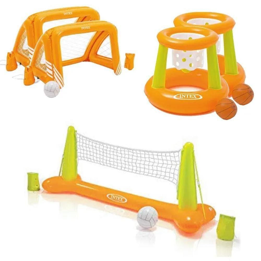 Kit Praia E Piscina 1 Volei + 2 Traves De Polo + 2 Cesta De Basquete Inflável Intex