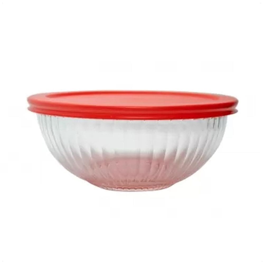 Tigela Vidro Borossilicato Canelada Tampa Vermelha 1000Ml
